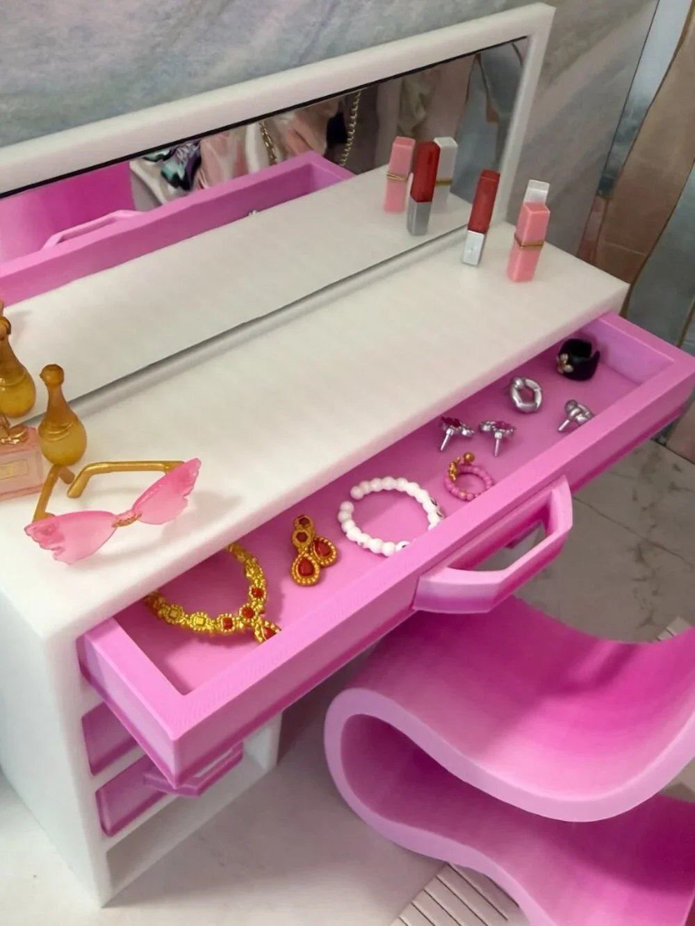 Barbie Vanity Makeup Table with Mirror and Chair | 11.5 Inch Doll Furniture